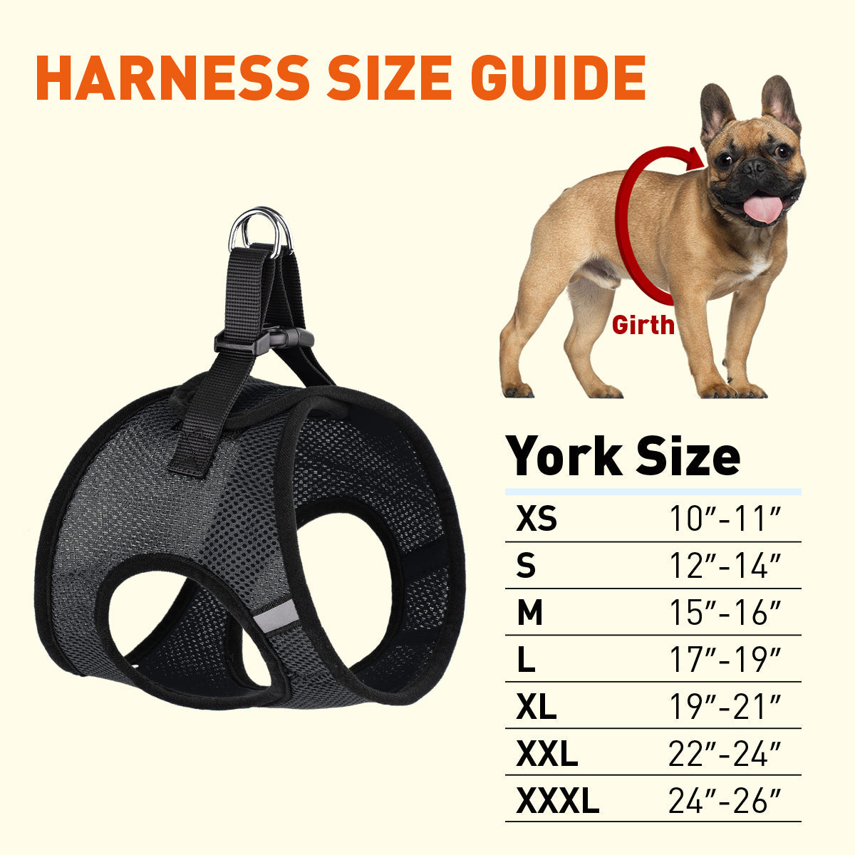 Harness size guide with a French bulldog wearing a harness and a size chart for York Size