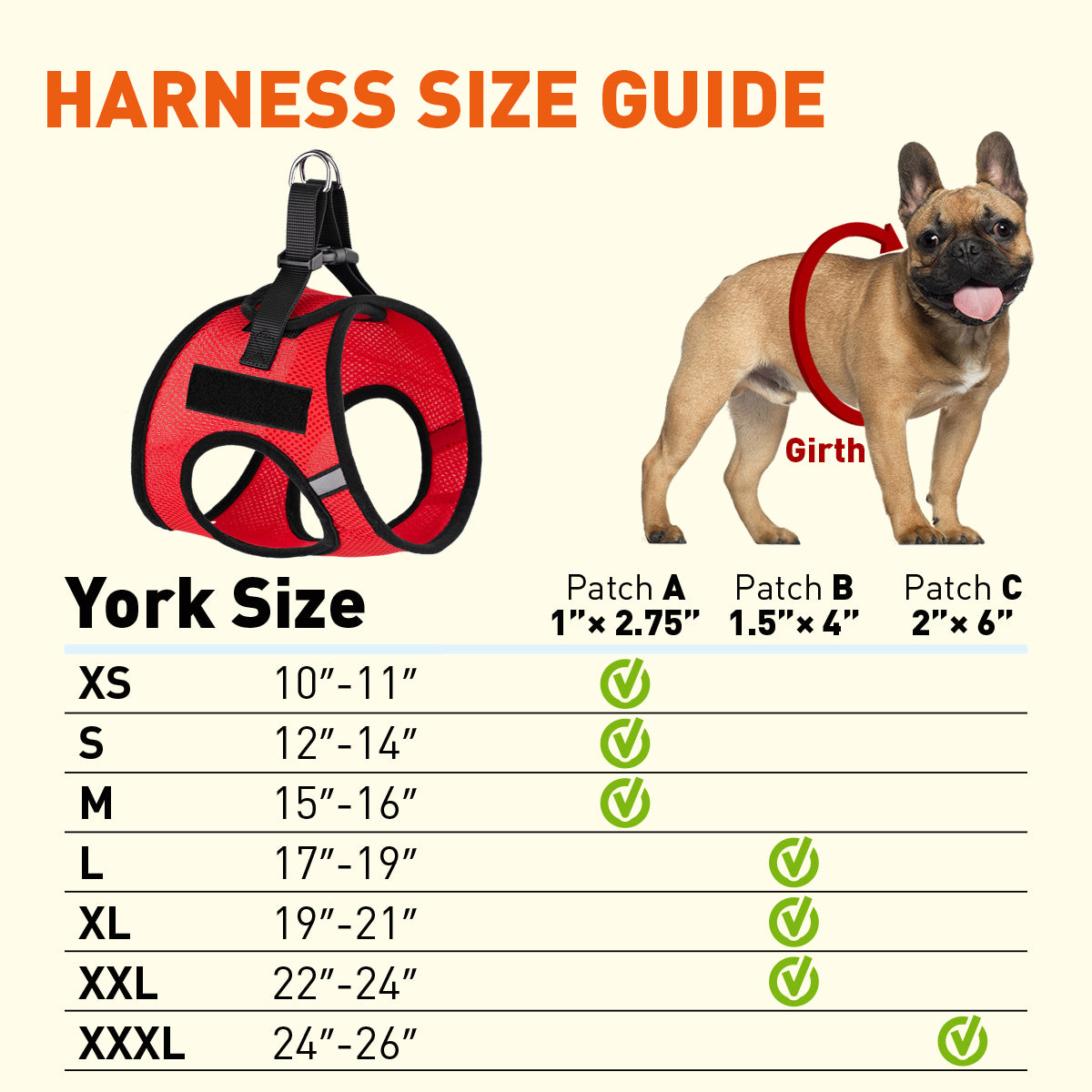 Harness size guide with a red harness, a French bulldog, and a chart showing York sizes and patch dimensions