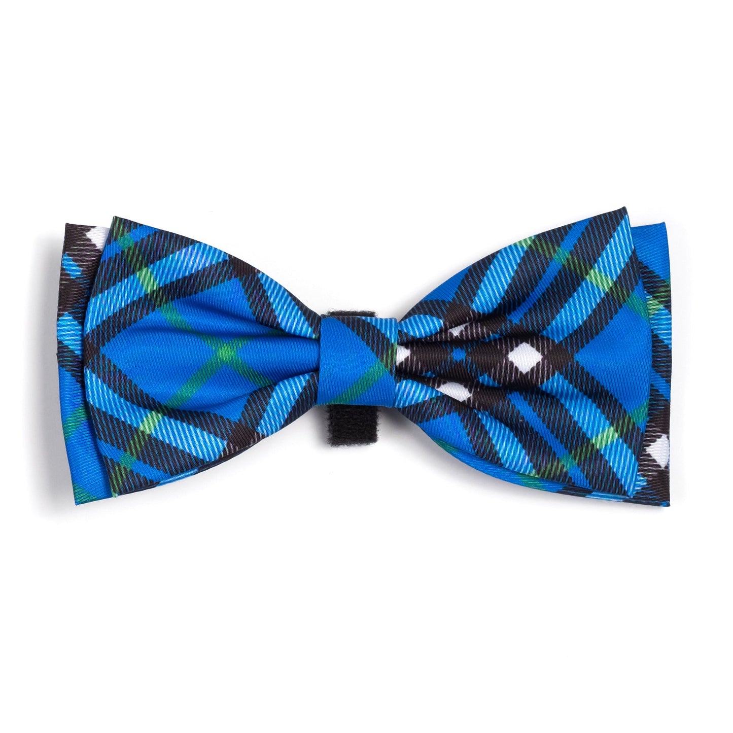 The Worthy Dog Bias Plaid Bow Tie in blue, black, green, and white plaid pattern