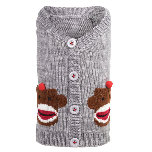 The Worthy Dog Sock Monkey Cardigan in gray with white buttons and two sock monkey faces