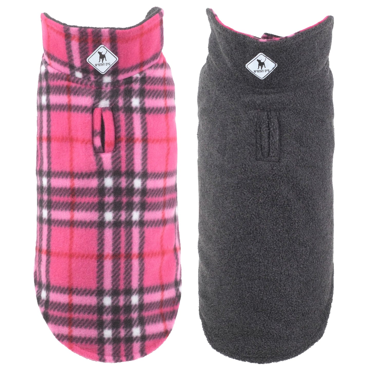 The Worthy Dog Fargo Fleece Jacket in pink plaid and solid gray