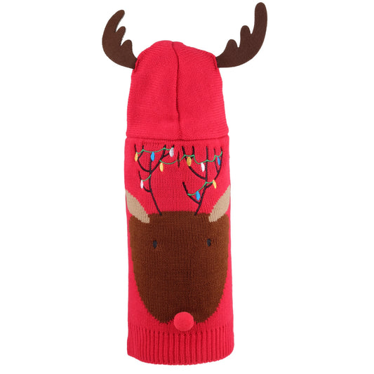 Red knitted dog sweater with reindeer design, brown antlers, and colorful string lights