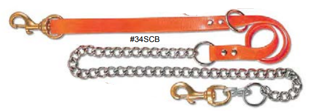 Orange strap with brass snap hook and chain lead with snap hook