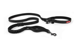 Black dog leash with two handles and a metal clip