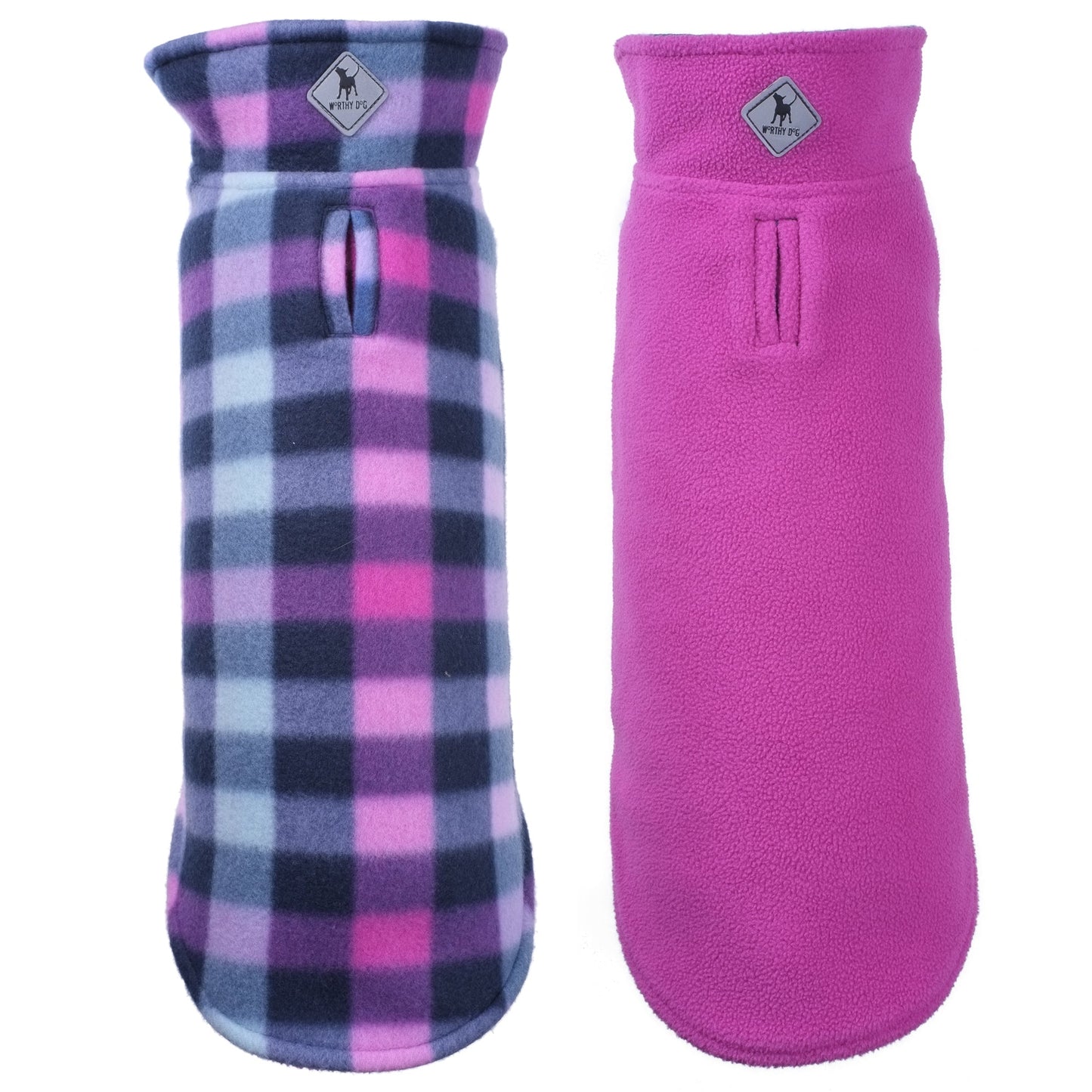 The Worthy Dog Fargo Fleece Jacket in purple plaid and solid purple