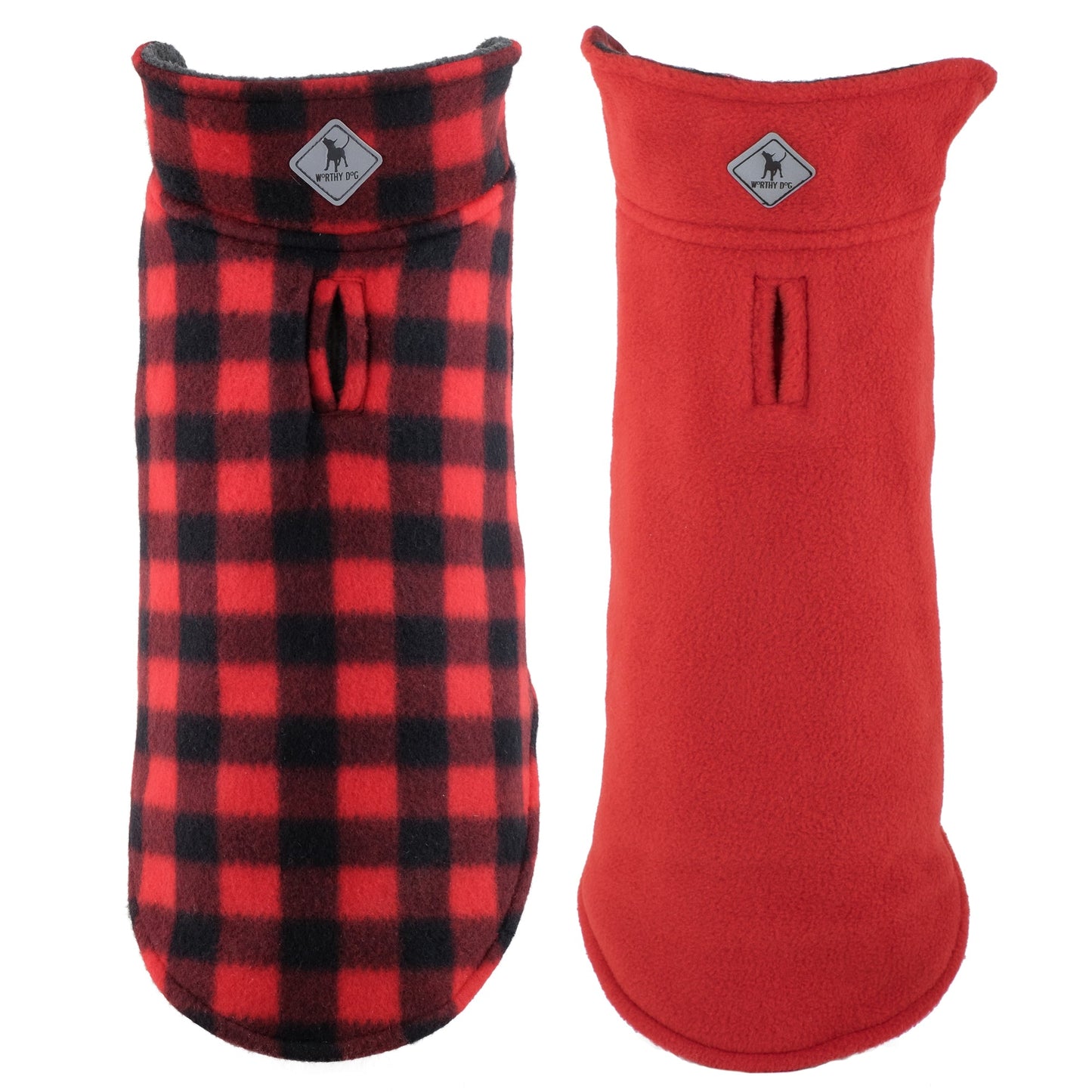 Worthy Dog red and black plaid fleece dog coat, reversible to solid red