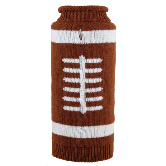 Brown knitted dog sweater with white stripes and laces resembling a football