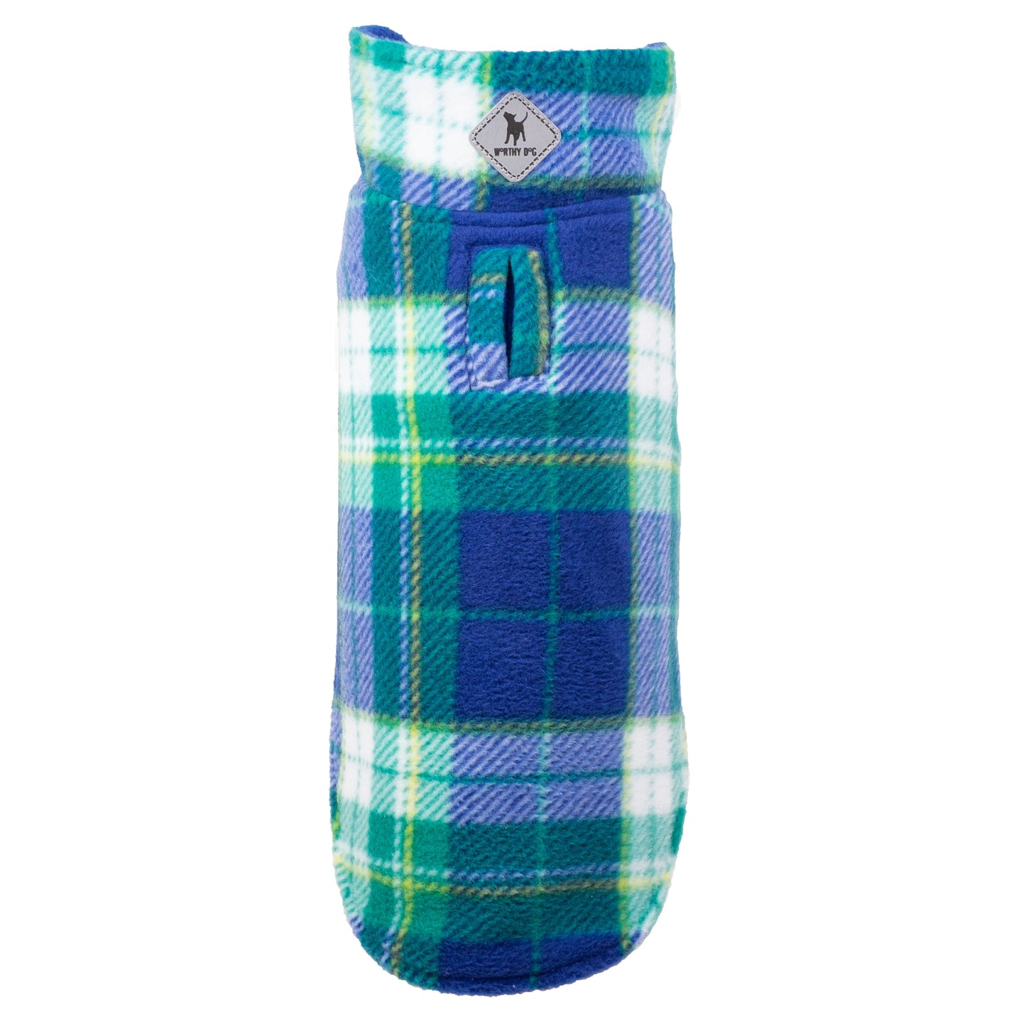 The Worthy Dog Fargo fleece jacket in blue plaid with a leash hole