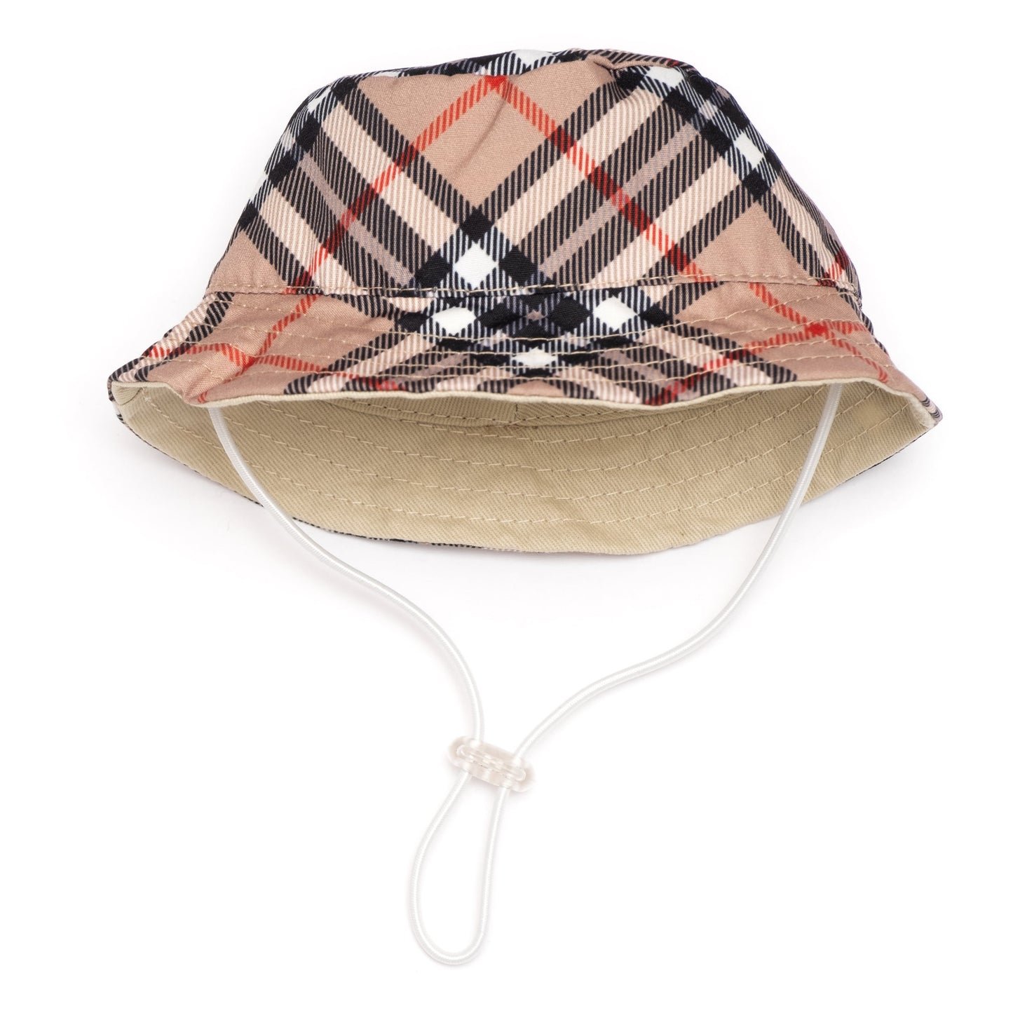 The Worthy Dog Plaid Bucket Hat in beige, black, red, and white plaid with an adjustable chin strap