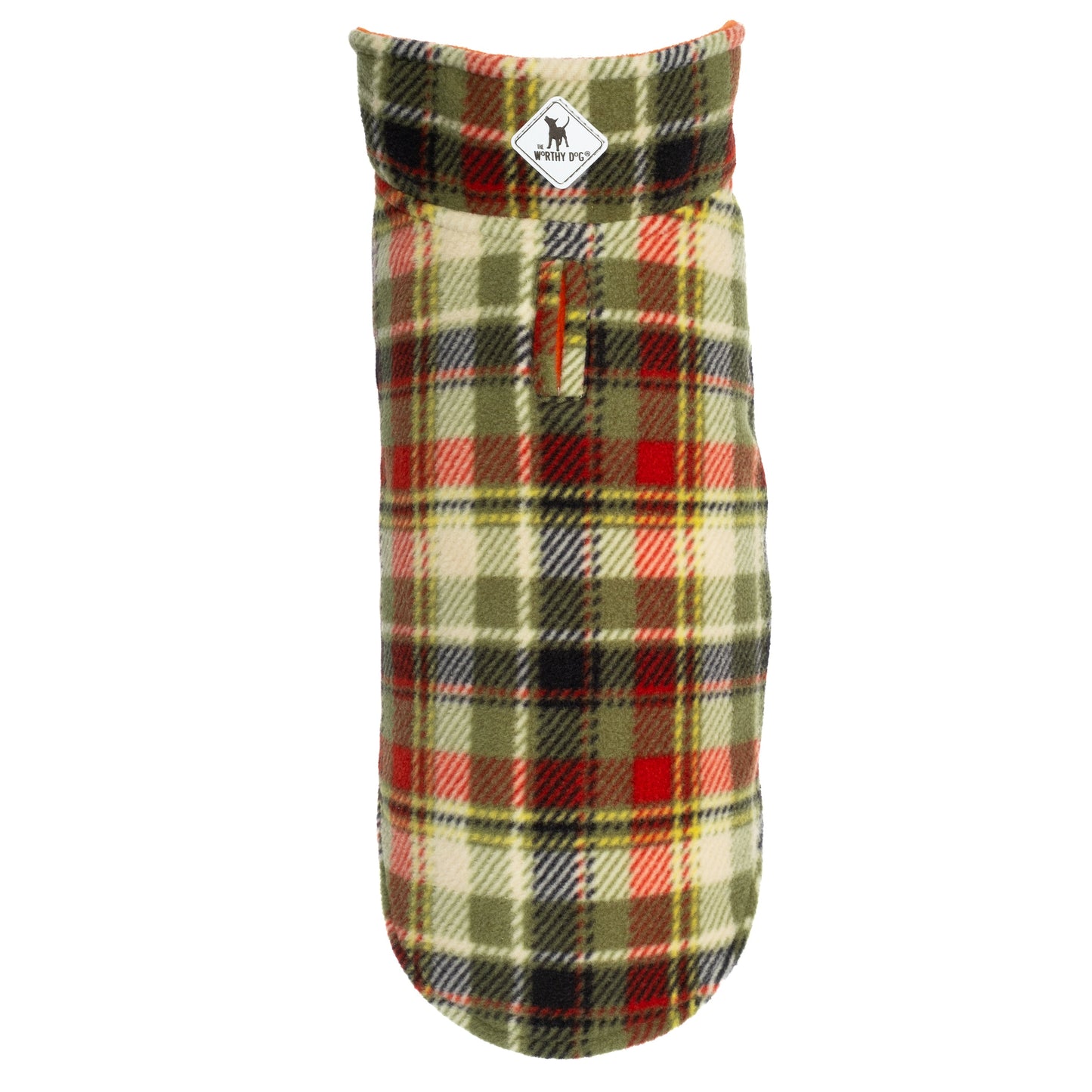 The Worthy Dog Fargo fleece jacket in olive plaid with a Worthy Dog logo patch