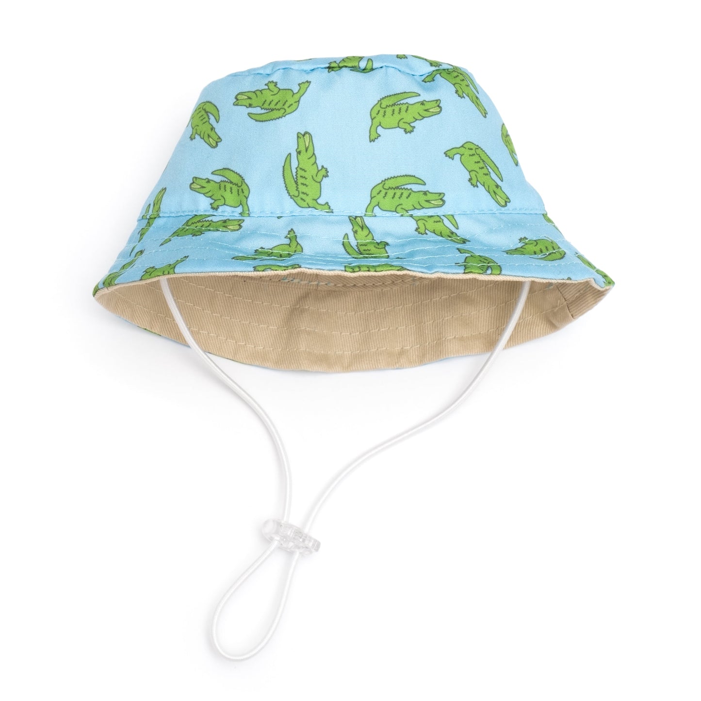 Alligators Bucket Hat by The Worthy Dog, light blue with green alligator pattern, beige underside, white drawstring