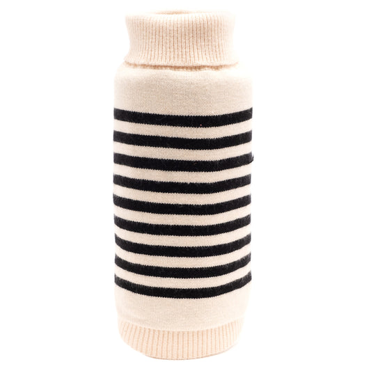 Cream knit dog sweater with black horizontal stripes and a turtleneck