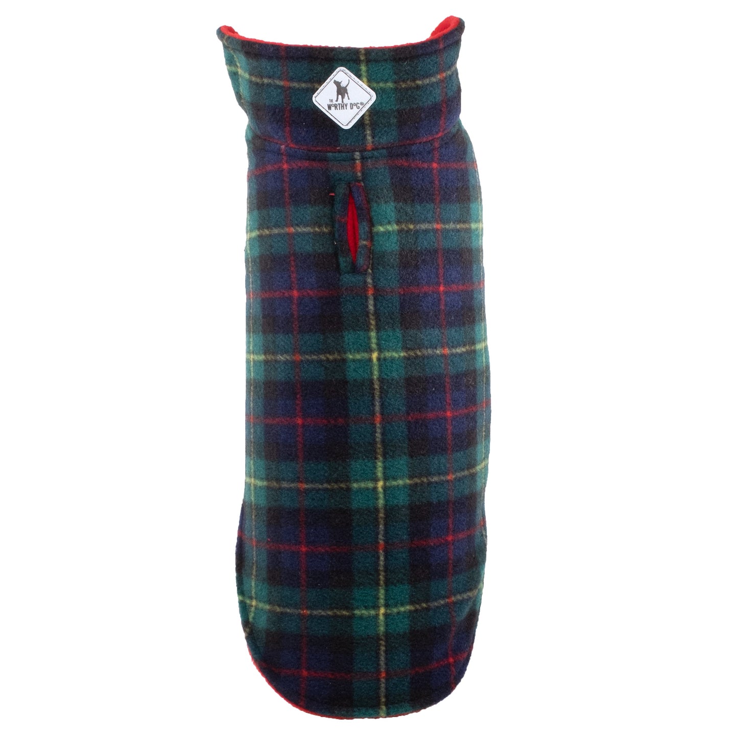 The Worthy Dog Aspen Plaid Fleece dog coat in green, blue, red, and yellow plaid with a red lining