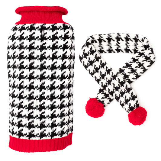 Houndstooth dog sweater and scarf set with red trim and pom-poms