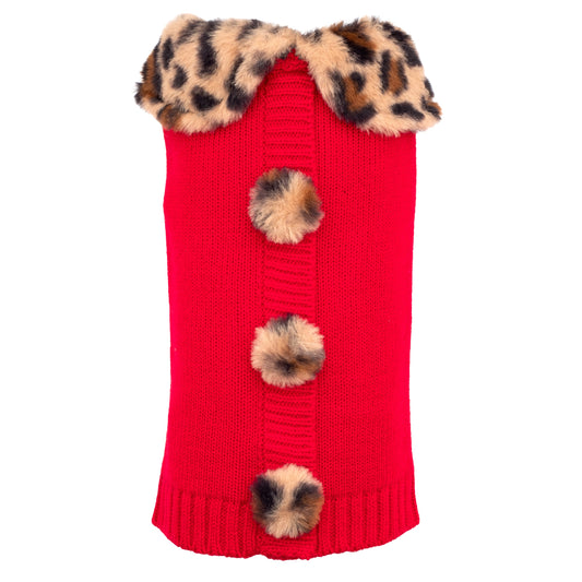 Red knitted pet sweater with leopard print faux fur collar and three matching pom-poms down the back