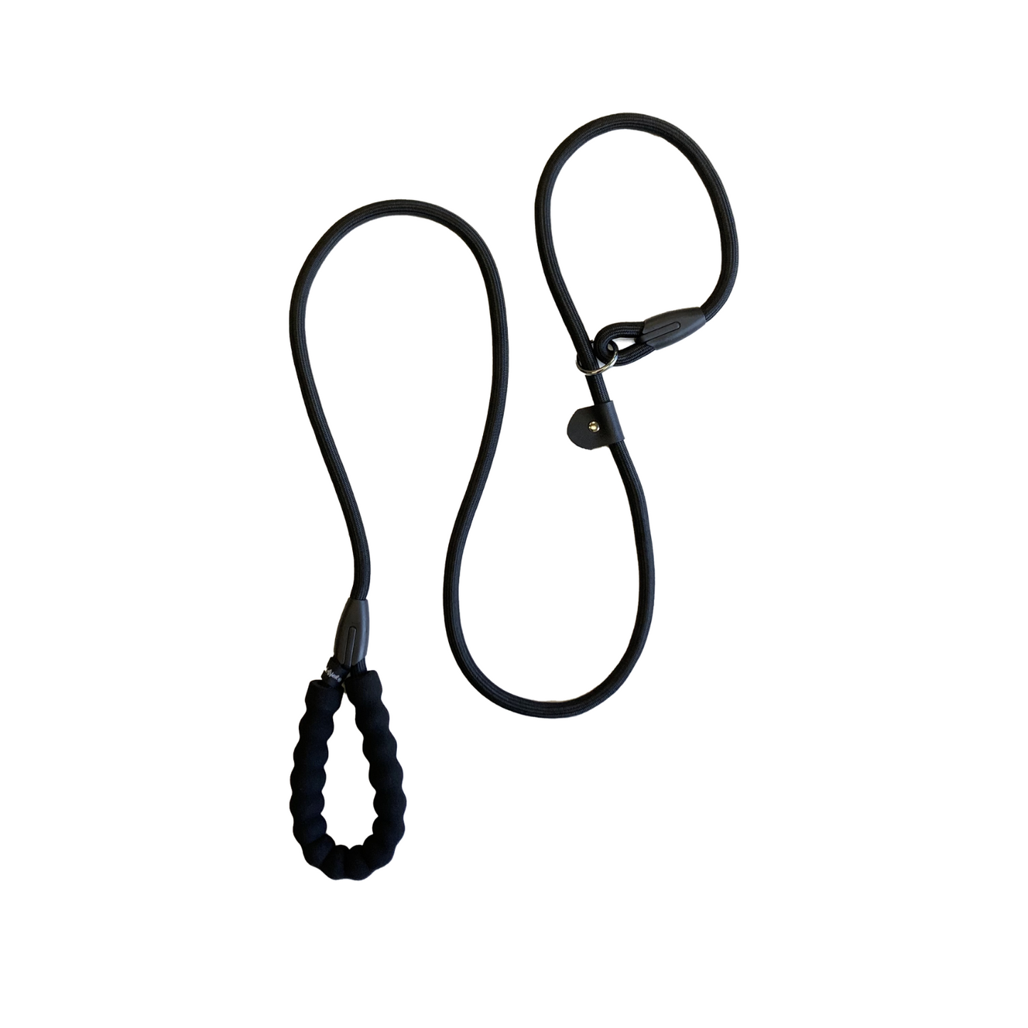 Black dog leash with a padded handle and a metal ring for collar attachment