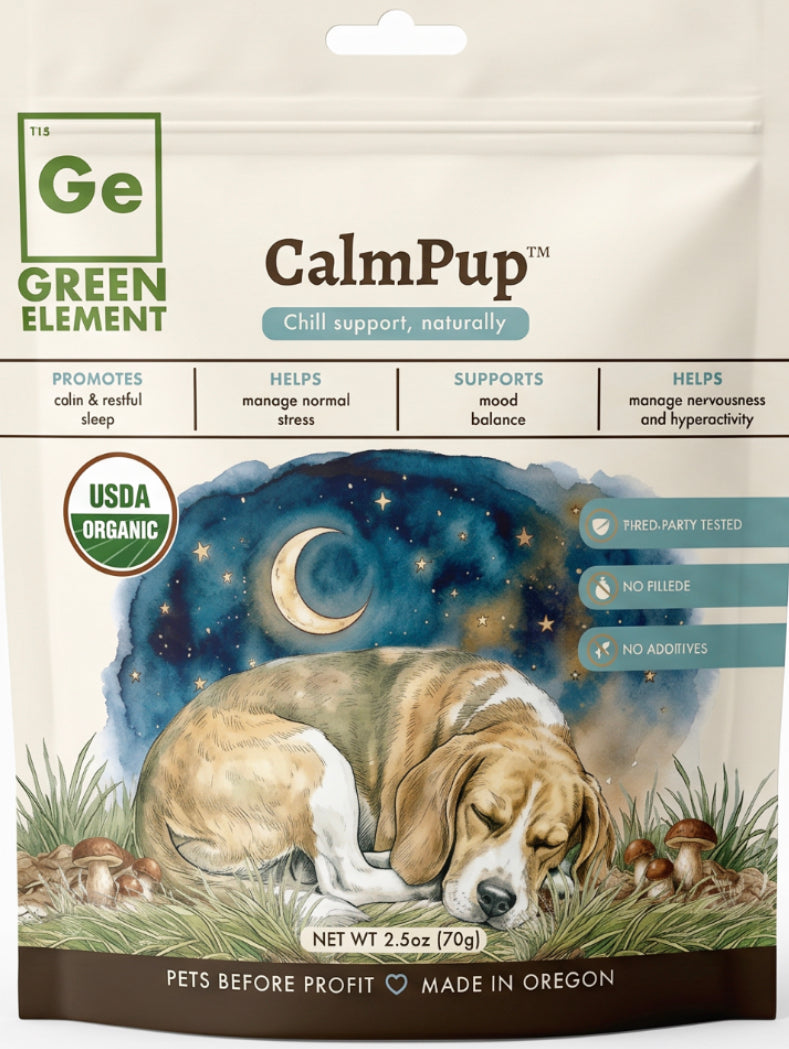 Green Element CalmPup chill support dog treats packaging with a sleeping beagle illustration