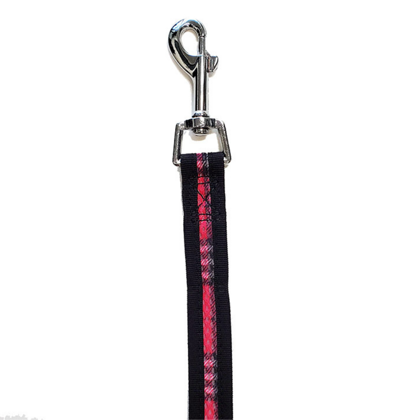 Black and red plaid dog leash with a silver metal clip