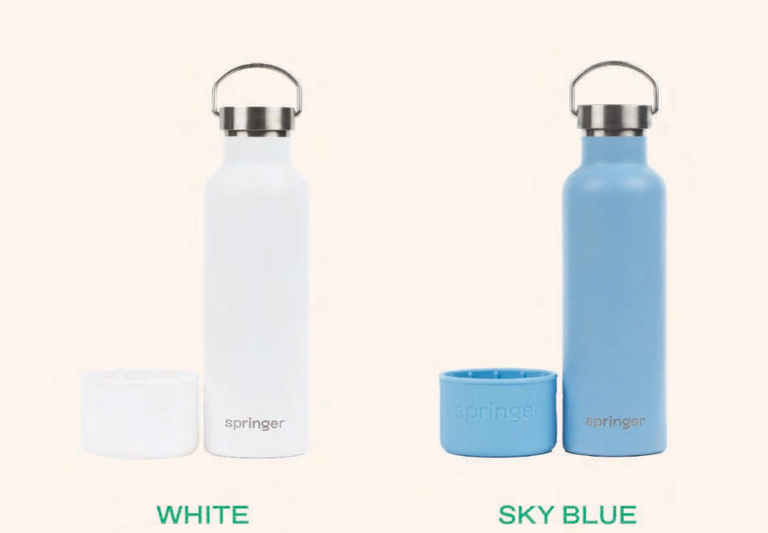 White and sky blue Springer water bottles with removable silicone bases
