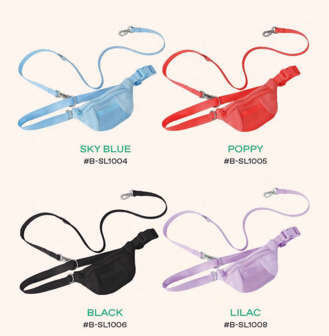 Four dog walking waist bags in sky blue poppy black and lilac with matching leashes