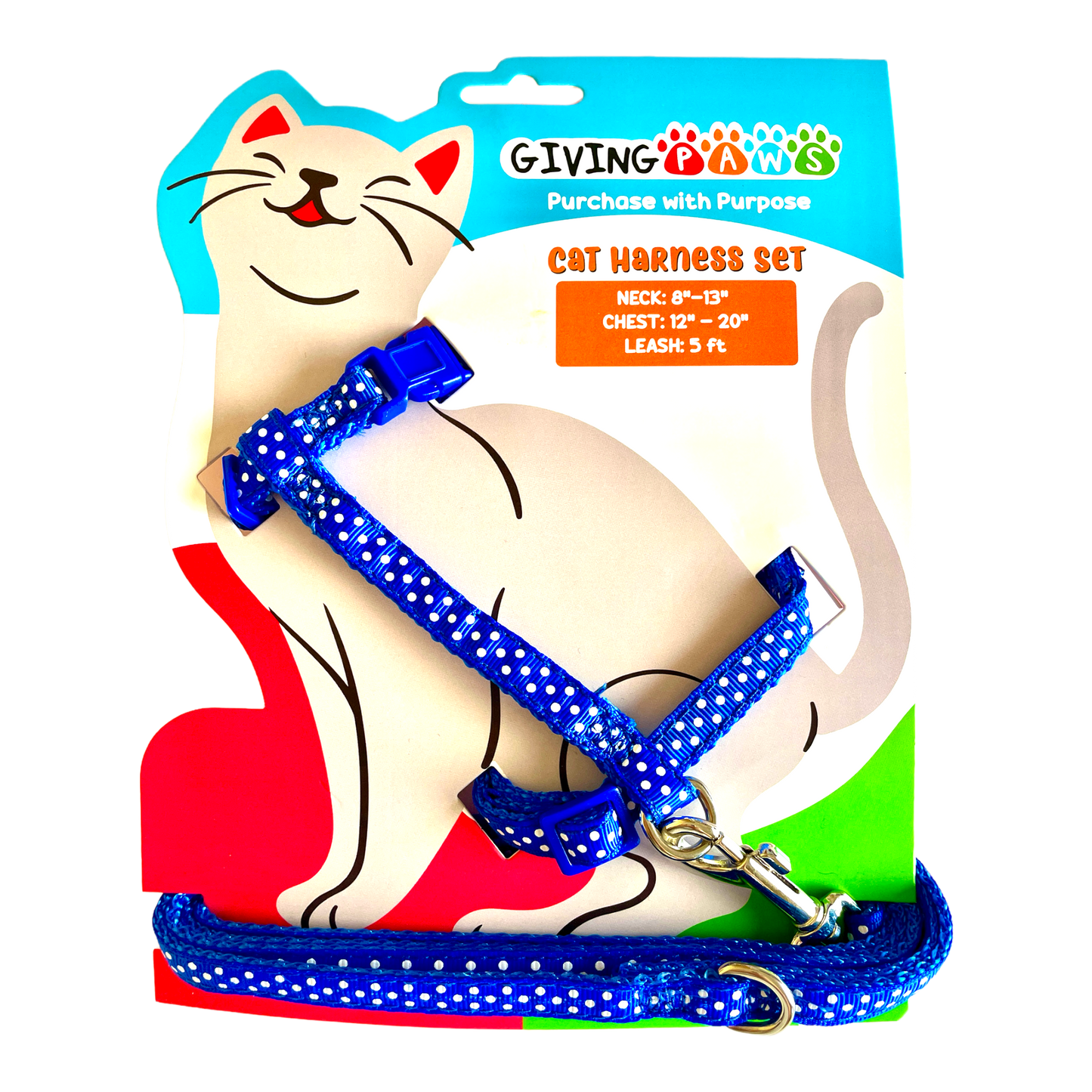 Giving Paws Polka Dot Harness Leash Set in blue with white polka dots on a cat-shaped cardboard
