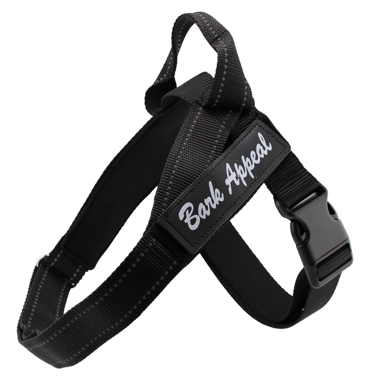 Bark Appeal Reflective Ultra Harness in black with reflective stitching and a quick-release buckle