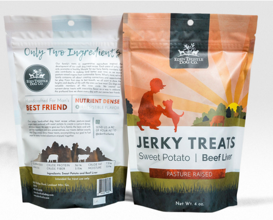 Front and back of Eden Thistle Dog Co Sweet Potato Beef Liver Jerky Treats
