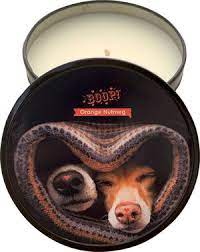 Orange Nutmeg candle with dog and snake graphic on lid