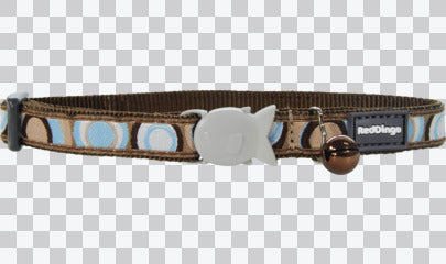 Red Dingo Circadelic cat collar in brown, blue, and white with a fish-shaped buckle and bell