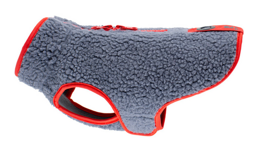 Grey dog coat with red trim and zipper