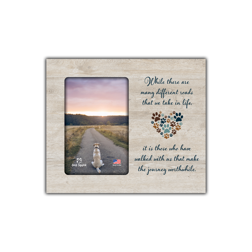 Light woodgrain photo frame with a dog on a path at sunset and a paw print heart design