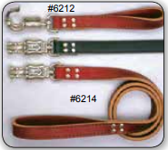 Three dog leashes with metal clasps, two brown and one green, with a coiled brown leash at the bottom
