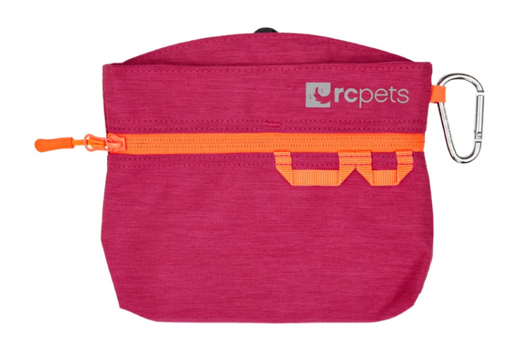 Pink treat pouch with orange zipper and carabiner clip