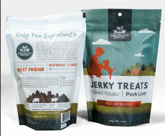 Farmer and Thistle Pork Liver and Sweet Potato jerky treats 4 oz bags front and back view