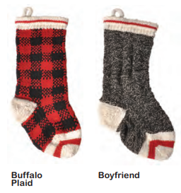 Two knitted Christmas stockings, one red and black buffalo plaid, one grey and white speckled