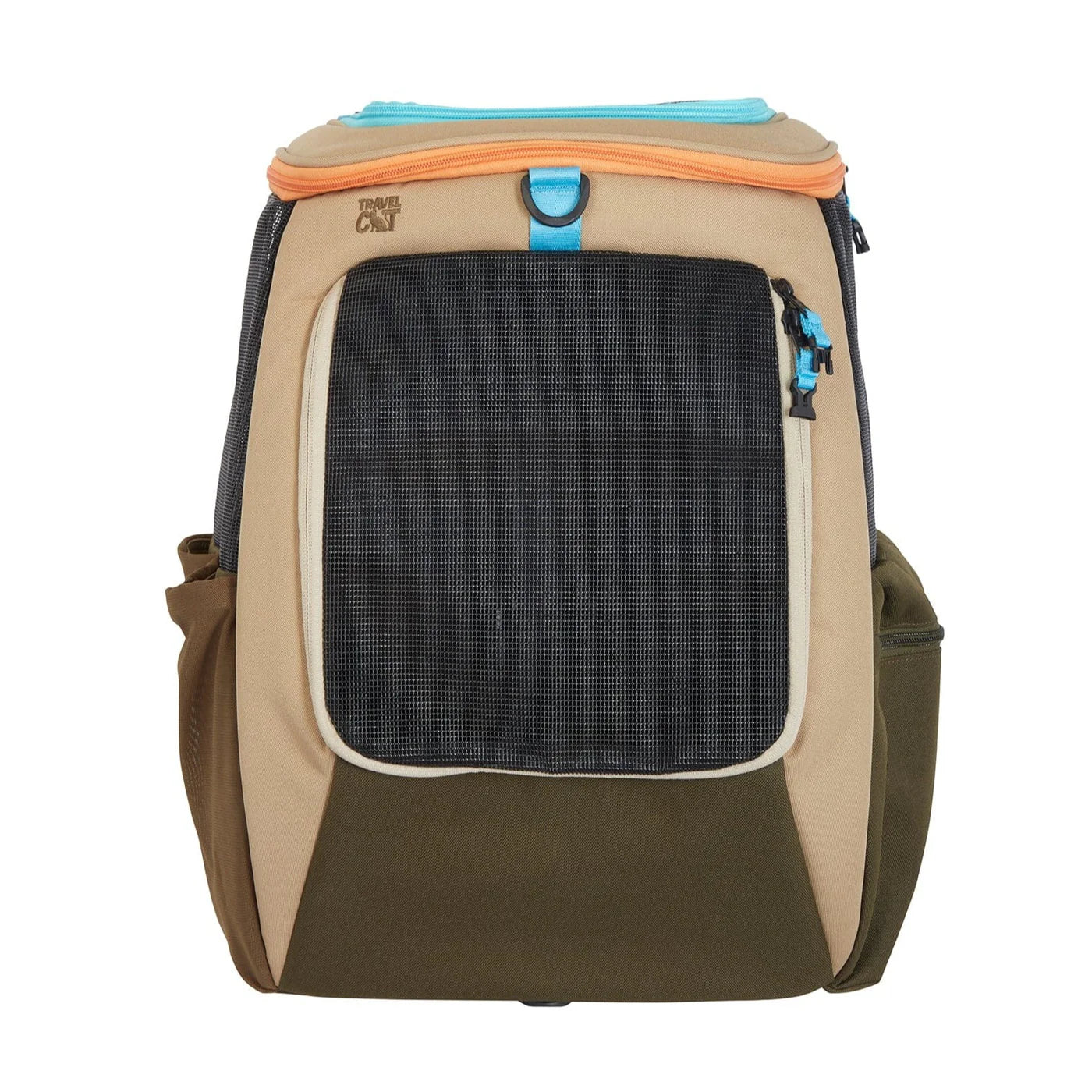 Travel Cat The Jackson Galaxy Convertible Cat Backpack Carrier in tan, olive green, and blue