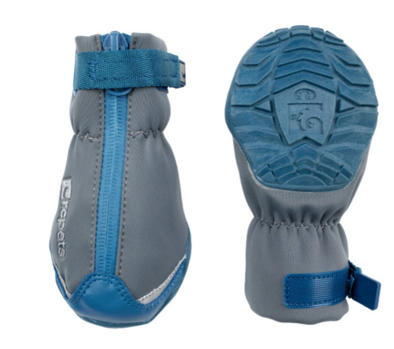 Grey and blue dog boot with a zipper and a blue sole