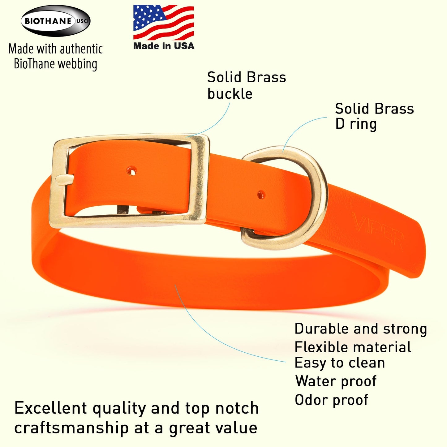 Viper Biothane Waterproof Collar - Brass Hardware - Size L (18 to 22 inches)
