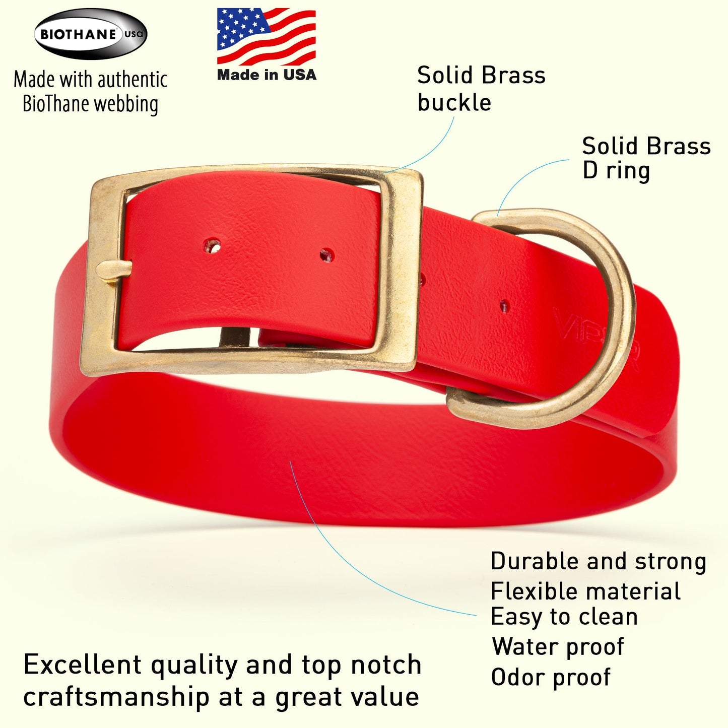 Viper Biothane Waterproof Collar - Brass Hardware - Size XL, Wide (20 to 24 inches)