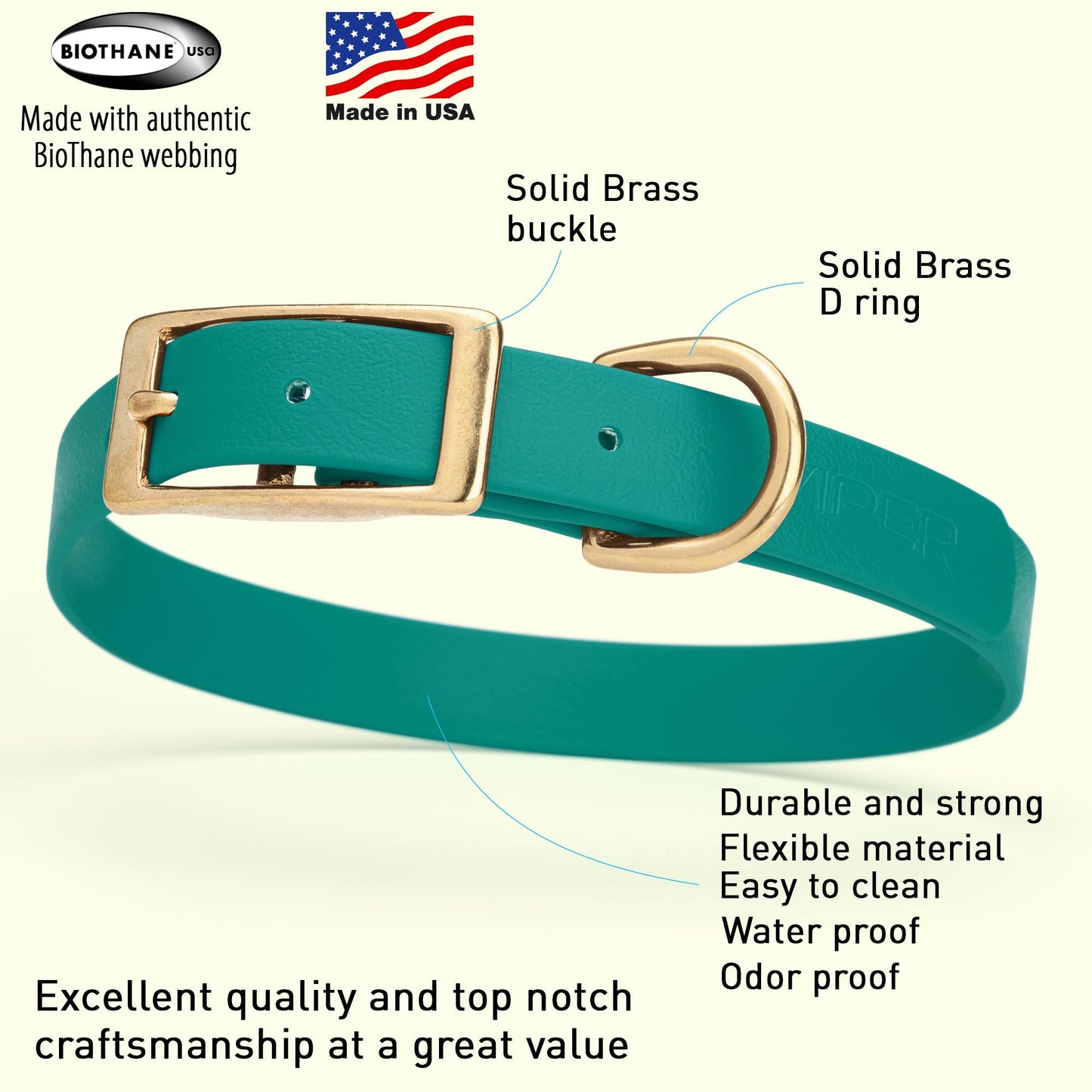 Viper Biothane Waterproof Collar - Brass Hardware - Size M (15 to 18 inches)