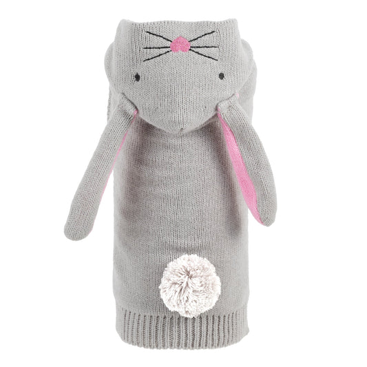 Grey knitted bunny sweater with pink ears and nose, black whiskers and eyes, and a white fluffy tail