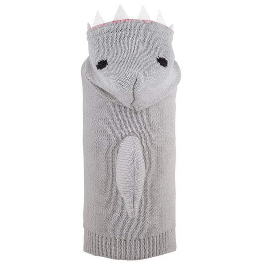 The Worthy Dog Jimmy the Shark Hoodie in light grey with a dorsal fin and shark teeth on the hood