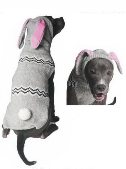 Chilly Dog Characters Bunny Hoodie on a dog with grey knit fabric pink ears and a white tail