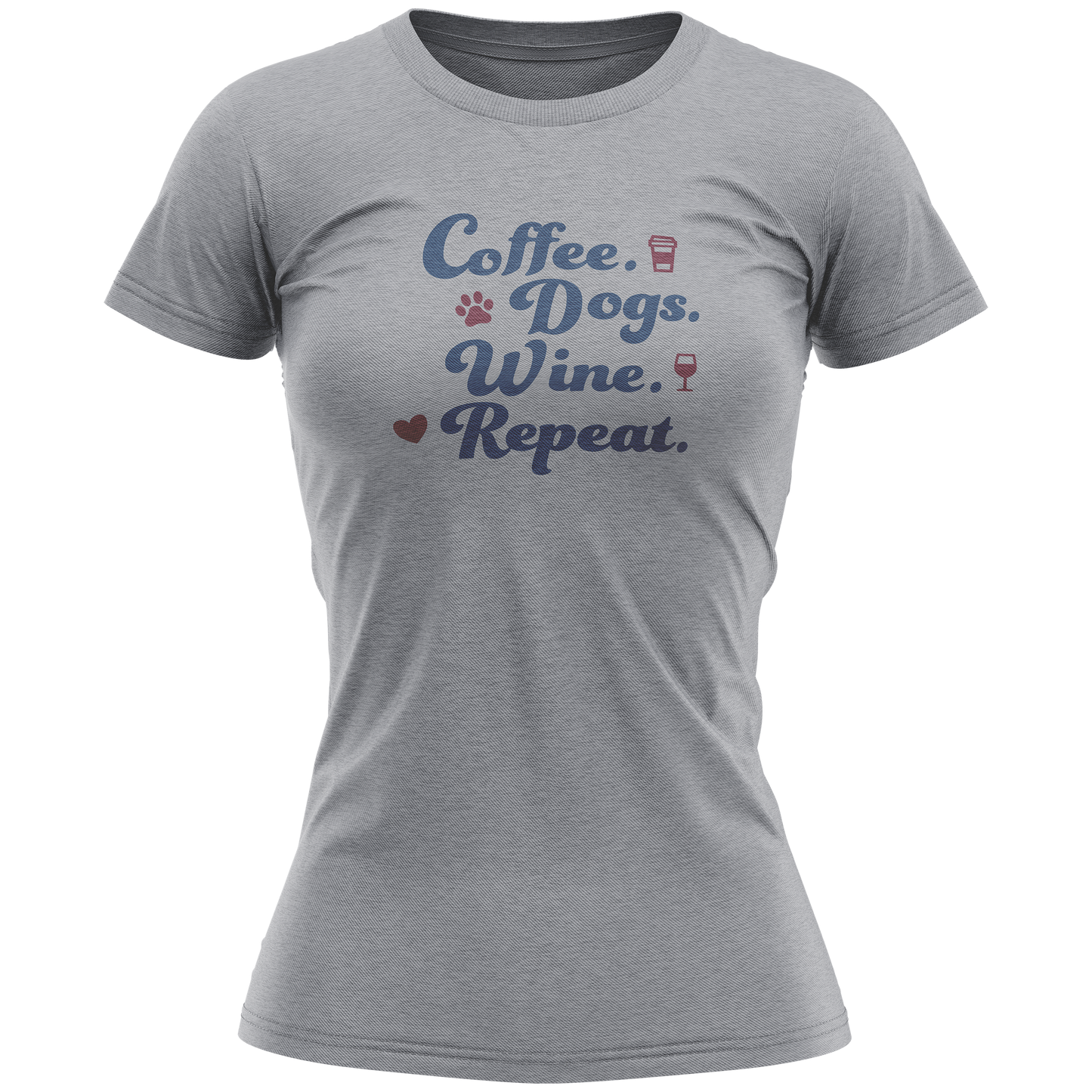 Ladies T-Shirt - Coffee. Dogs. Wine. Repeat.