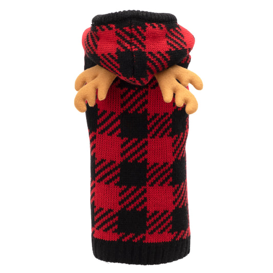 Red and black plaid knit dog sweater with a hood and small brown antlers