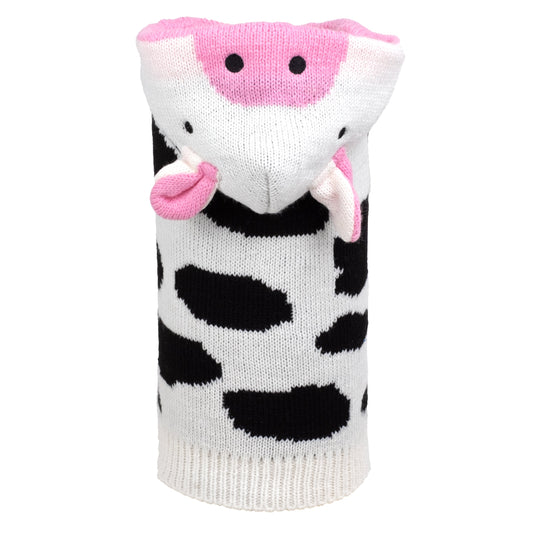 The Worthy Dog Cow Hoodie in white with black spots and a pink cow face on the hood