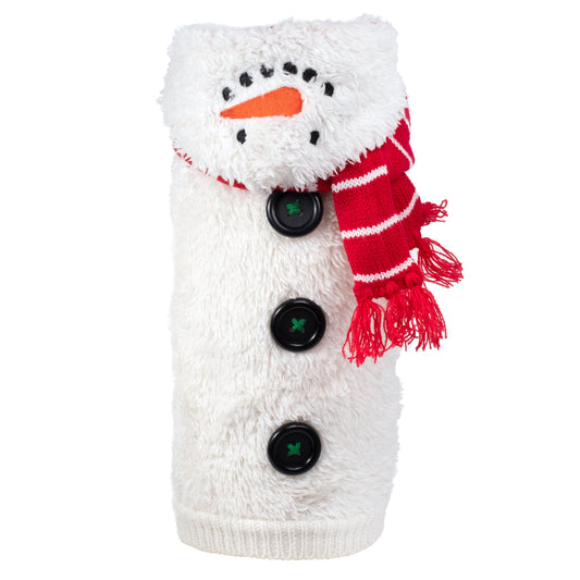 Snowman bottle cover with a red and white striped scarf and three black buttons