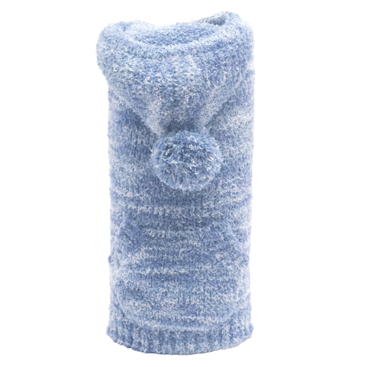 The Worthy Dog Space Dye Hoodie in light blue with a pom-pom on the hood