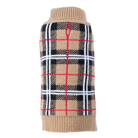 The Worthy Dog Tan Plaid Sweater, a dog sweater with a tan, black, white, and red plaid pattern