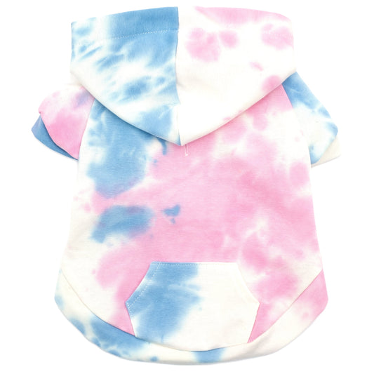 Pink and blue tie-dye pet hoodie with a front pocket